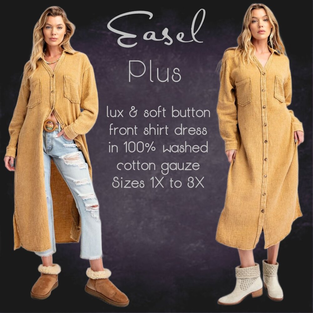 EASEL “Irresistible” Lux Mineral Washed Buttoned Relaxed Fit Shirt Dress Pockets